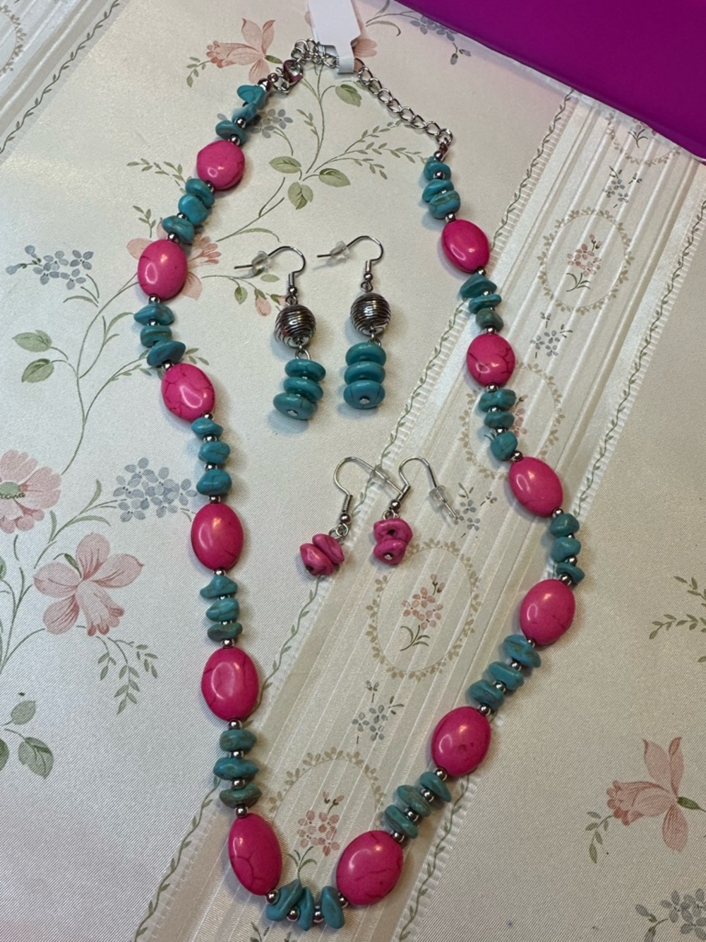 Turquoise and Pink Beaded Necklace with Matching Earrings - Women Jewelry